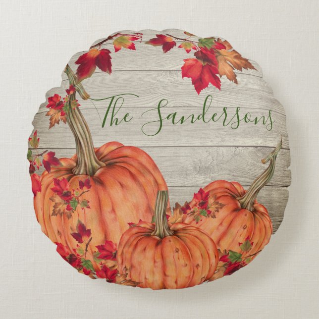 Rustikales Holz Herbst Orange Pumpkins Herbstlaub Rundes Kissen (Vorderseite)
