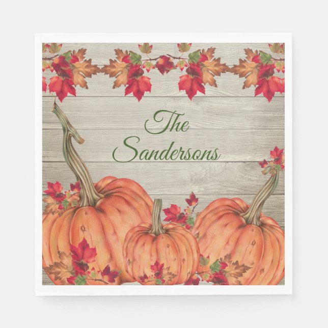 Rustikales Holz Herbst Orange Pumpkins Herbstlaub  Serviette (Vorderseite)