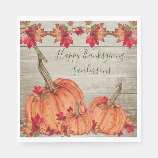 Rustikales Holz Herbst Orange Pumpkins Herbstlaub  Serviette (Vorderseite)