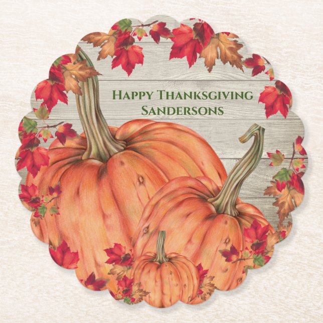 Rustikales Holz Herbst Orange Pumpkins Herbstlaub Untersetzer (Vorderseite)