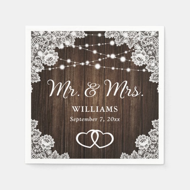 Rustikales Holz herzen Schnürsenkel und Lichter Ho Serviette (Vorderseite)