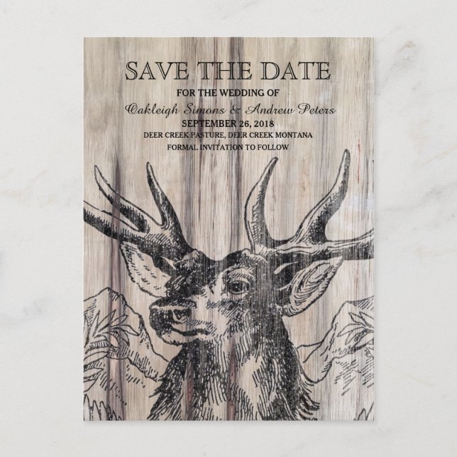 Rustikales Holz | Hirsche Save the Date Postkarte (Vorderseite)