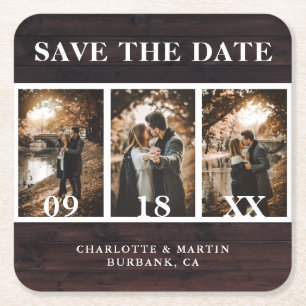 Rustikales Holz-Hochzeitstil-Foto Save the Date Rechteckiger Pappuntersetzer