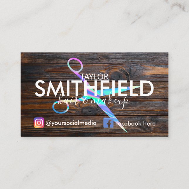 Rustikales Holz Holo Scheren Haare & Makeup Trendy Visitenkarte (Vorderseite)
