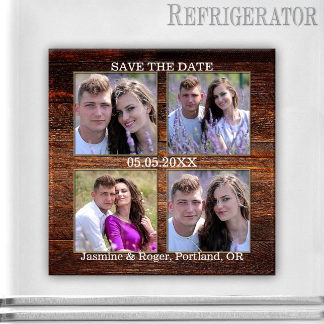 Rustikales Holz Ihre 4 Fotos speichern das Datumsf Magnet (Save the Date magnet featuring your own 4 photos framed by rustic wood - wedding - engagement)