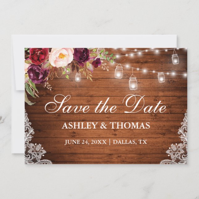 Rustikales Holz Jar Lights Blumenschmuck Save the  Date (Vorderseite)