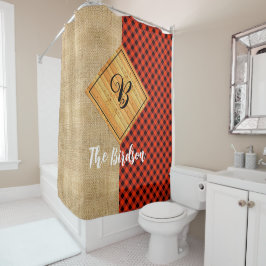 Rustikales Holz Kariert Burlap, Name Mit Monogramm Duschvorhang