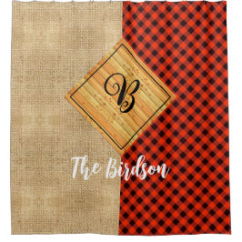 Rustikales Holz Kariert Burlap, Name Mit Monogramm Duschvorhang