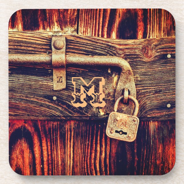 Rustikales Holz Korn Antique Messing Schloss braun Getränkeuntersetzer (Vorderseite)