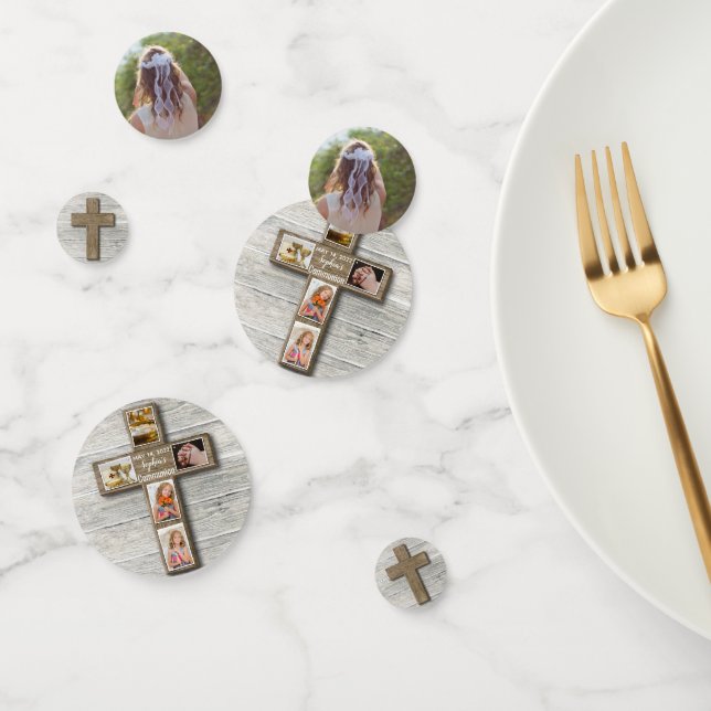 Rustikales Holz-Kreuz Erstes heiliges Kommunion-Fo Konfetti (Gruppe)