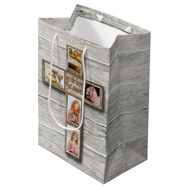 Rustikales Holz-Kreuz Erstes heiliges Kommunion-Fo Mittlere Geschenktüte (Vorderseite Schrägansicht)