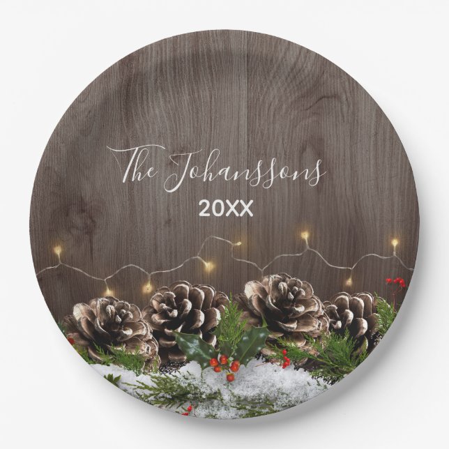 Rustikales Holz Land Pines Lights & Schnee Weihnac Pappteller (Vorderseite)
