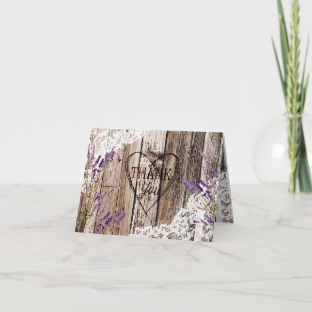 Rustikales Holz Lavendel Spitze Danke Karte (Vorderseite)