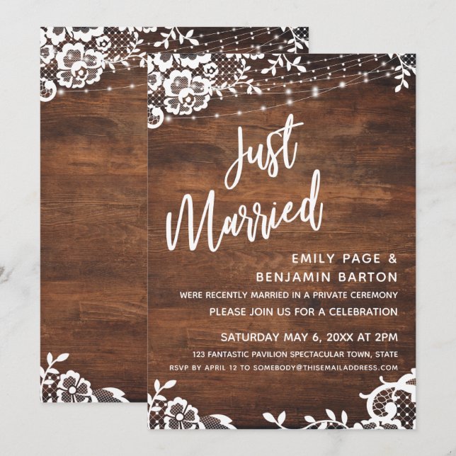 Rustikales Holz, Lichter & Lace Just Married Event Einladung (Vorne/Hinten)