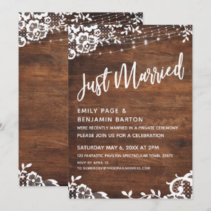 Rustikales Holz, Lichter & Spitze Just Married Typ Einladung