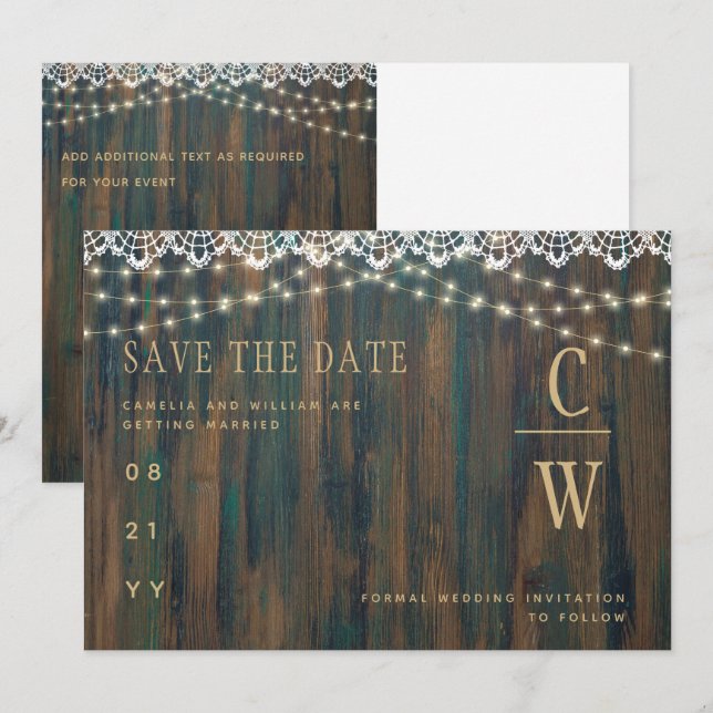 Rustikales Holz Lights Wedding Save The Date (Vorne/Hinten)
