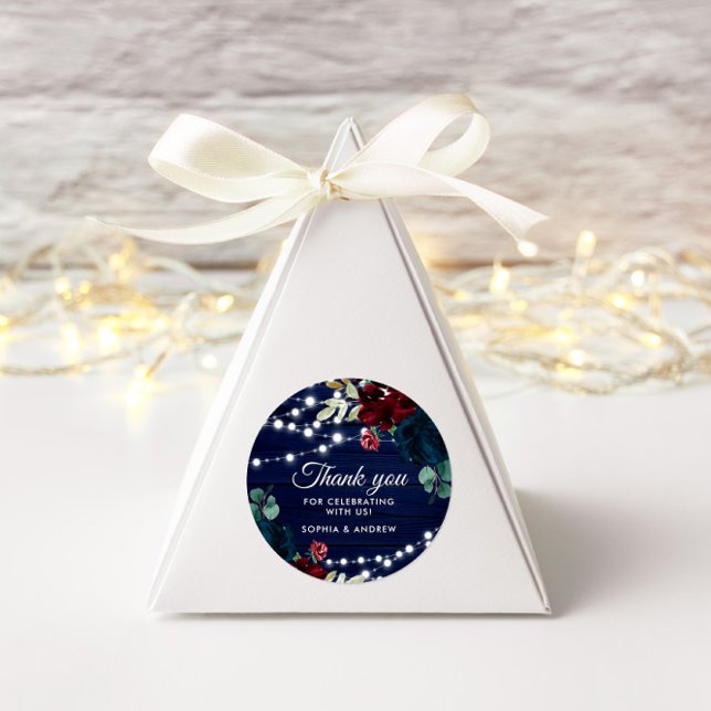 Rustikales Holz Marsala & Navy Blauer Blumen Runder Aufkleber (Von Creator hochgeladen)