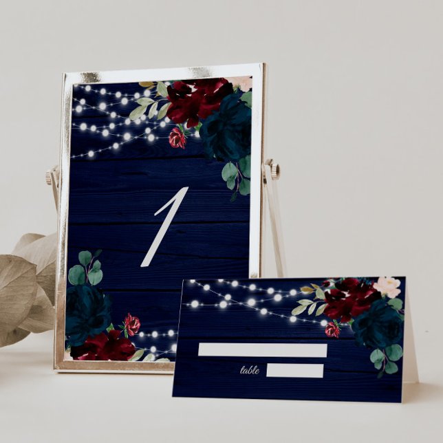 Rustikales Holz Marsala & Navy Blauer Blumen Tischnummer (Von Creator hochgeladen)