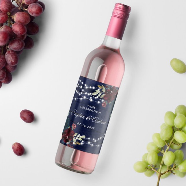 Rustikales Holz Marsala & Navy Blauer Blumen Weinetikett (Von Creator hochgeladen)