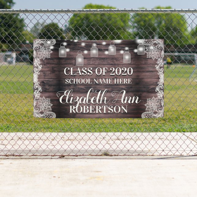 Rustikales Holz Mason Jar Lights Graduate Banner (Insitu)