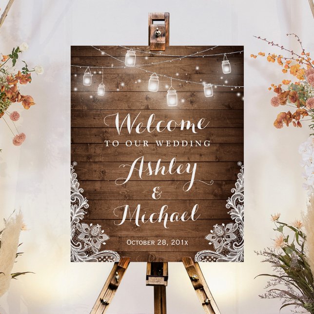 Rustikales Holz Mason Jar Lights Lace Wedding Sign Poster (Von Creator hochgeladen)