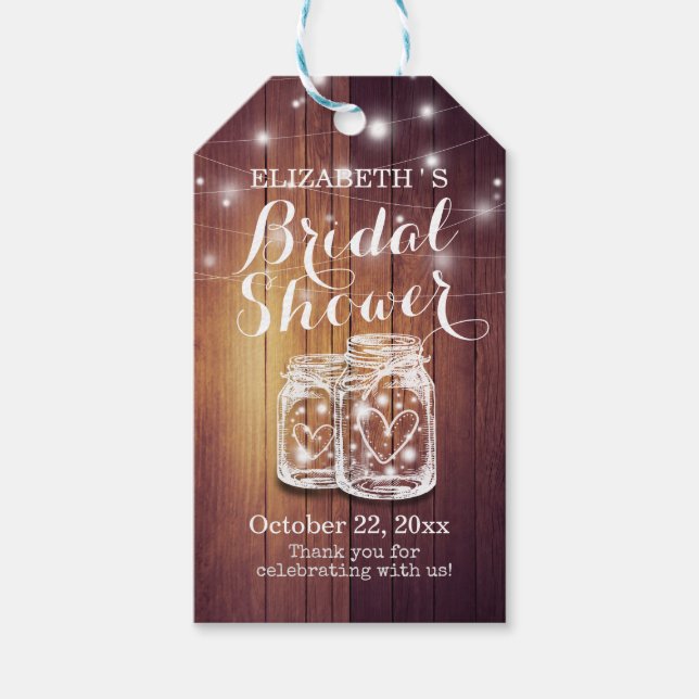 Rustikales Holz Mason Jar String Lights Brautparty Geschenkanhänger (Vorderseite)