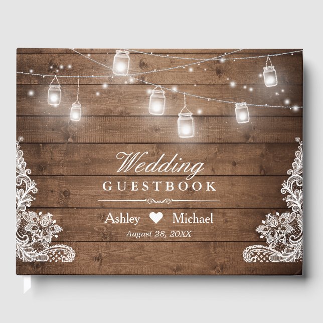 Rustikales Holz Mason Jar String Lights Hochzeit Gästebuch (Vorderseite)