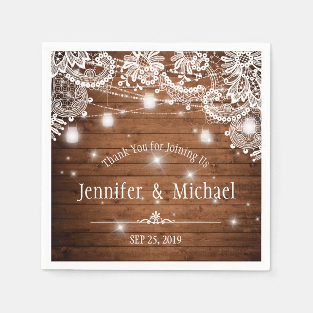 Rustikales Holz Mason Jar String Lights Hochzeit Serviette (Vorderseite)