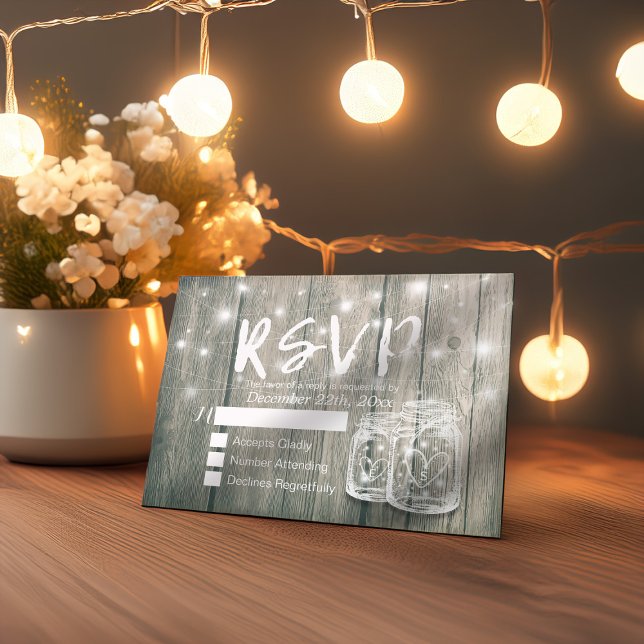 Rustikales Holz & Mason Jar String Lights Wedding  RSVP Karte (Von Creator hochgeladen)