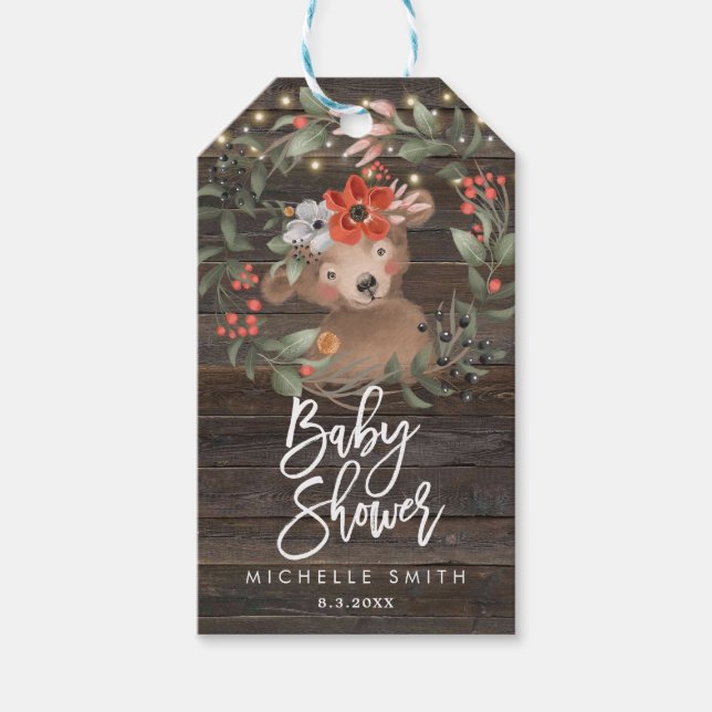 rustikales Holz mit Babyduschanhängern Geschenkanhänger (Vorderseite)