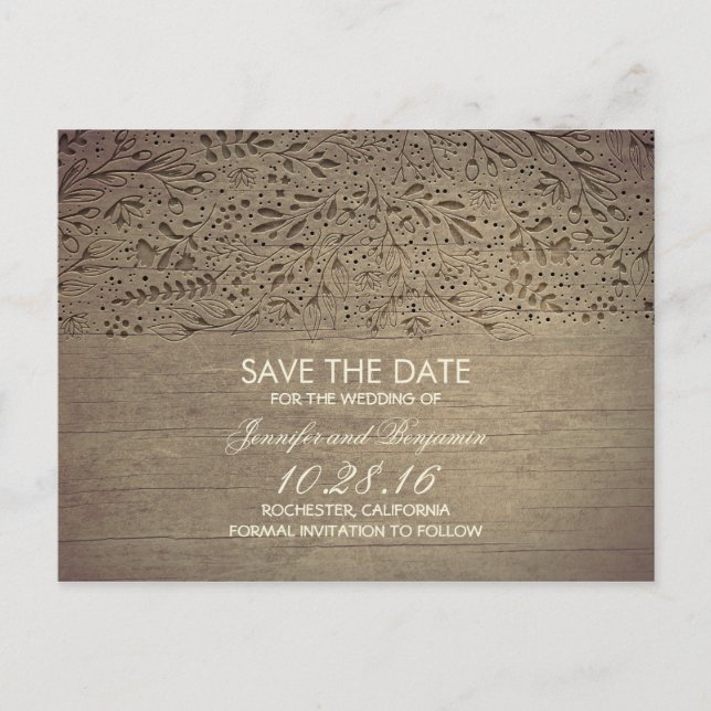 rustikales Holz mit Blumenbeete Save the Date Ankündigungspostkarte (Vorderseite)
