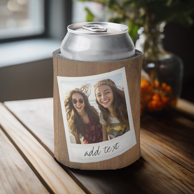 Rustikales Holz mit quadratischem Foto Dosenkühler (Personalized can cooler with an area to add photos and custom text)