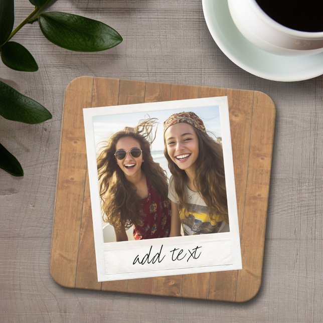 Rustikales Holz mit quadratischem Foto Rechteckiger Pappuntersetzer (Personalized coaster with 4 photos and text)