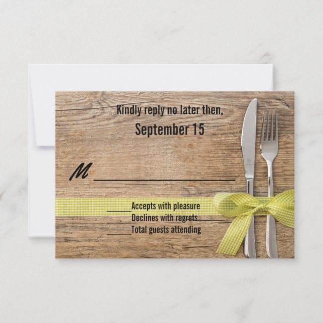 Rustikales Holz mit Silverware Wedding RSVP Card (Vorderseite)