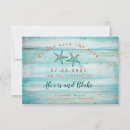 Rustikales Holz mit Starfish Save the Date Karte