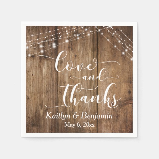 Rustikales Holz mit weißem Licht, Liebe und Dank Serviette (Vorderseite)