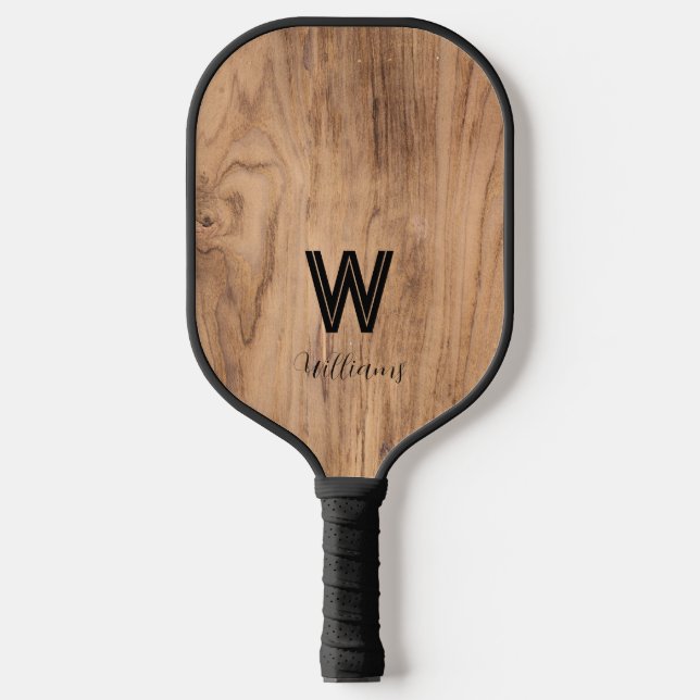 Rustikales Holz Modernes Monogramm Pickleball Schläger (Vorderseite)