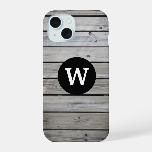 Rustikales Holz Monogramm iPhone 15 Hülle (Rückseite)