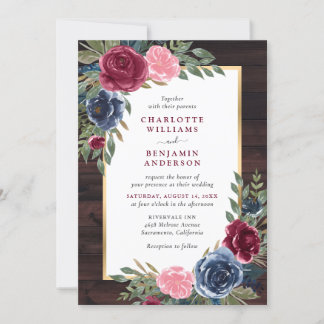 Rustikales Holz Navy Blue Burgundi Gold Floral Einladung