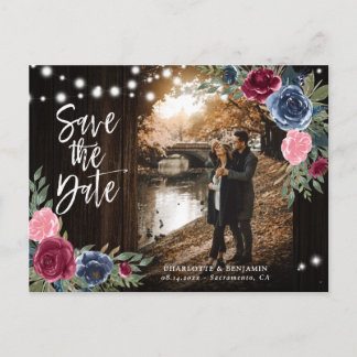 Rustikales Holz Navy Blue Burgundy Save the Date F Postkarte
