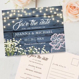 Rustikales Holz Navy Blue String Lights Save the D Postkarte
