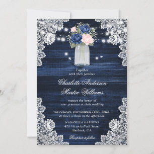 Rustikales Holz Navy Blush Pink Blues Hochzeit Einladung