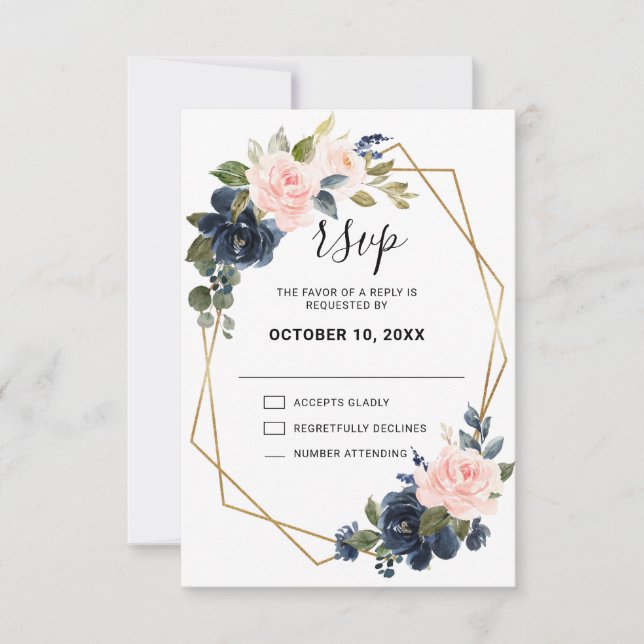Rustikales Holz Navy Blush Pink Geometric Wedding RSVP Karte (Vorderseite)
