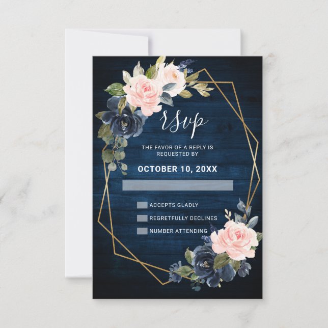Rustikales Holz Navy Blush Pink Geometric Wedding RSVP Karte (Vorderseite)