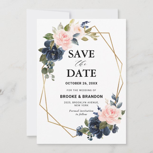 Rustikales Holz Navy Blush Pink Geometric Wedding Save The Date (Vorderseite)