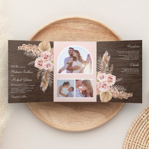 Rustikales Holz Pampas Grass Dusty Pink Roses Wedd Dreifach Gefaltete Einladung
