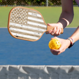 Rustikales Holz Patriotic USA Flag Personalisiert Pickleball Schläger