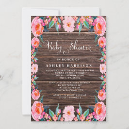 Rustikales Holz Pink Floral Wasserfarbe Kinderdusc Einladung