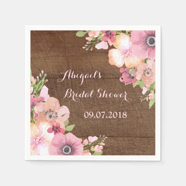 Rustikales Holz Pink Wasserfarbe Brautparty Napkin Serviette (Vorderseite)