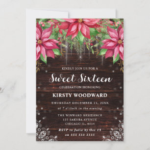 Rustikales Holz & Poinsettie Sweet Sixteen Einladung
